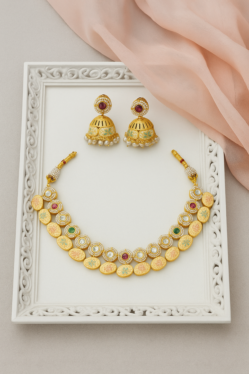 Antique Meenakari Gold Necklace Set with Jhumka Earrings