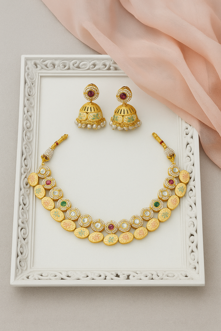 Antique Meenakari Gold Necklace Set with Jhumka Earrings