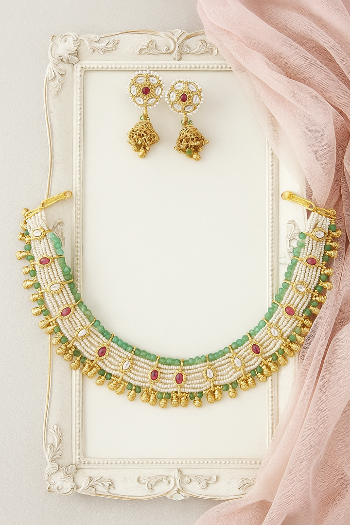 Pearl and Green Beaded Kundan Necklace Set with Jhumka Earrings