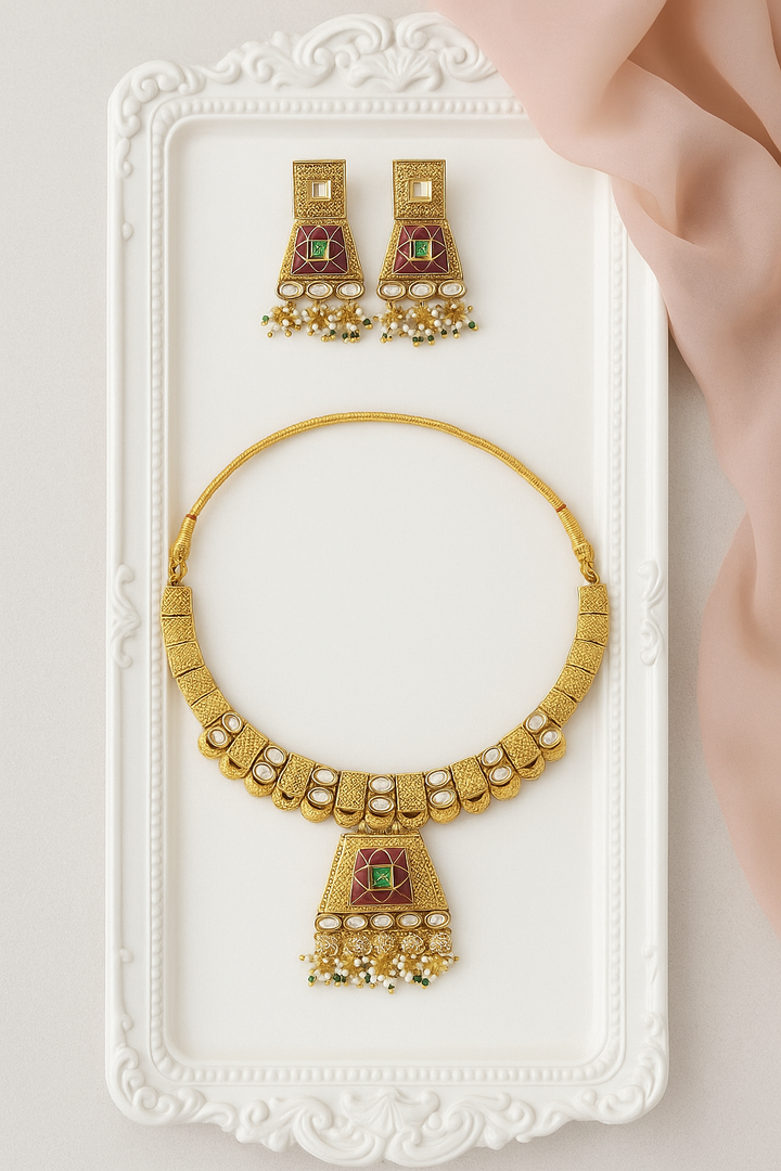 Antique Kundan Temple Necklace Set with Ruby & Emerald Detailing