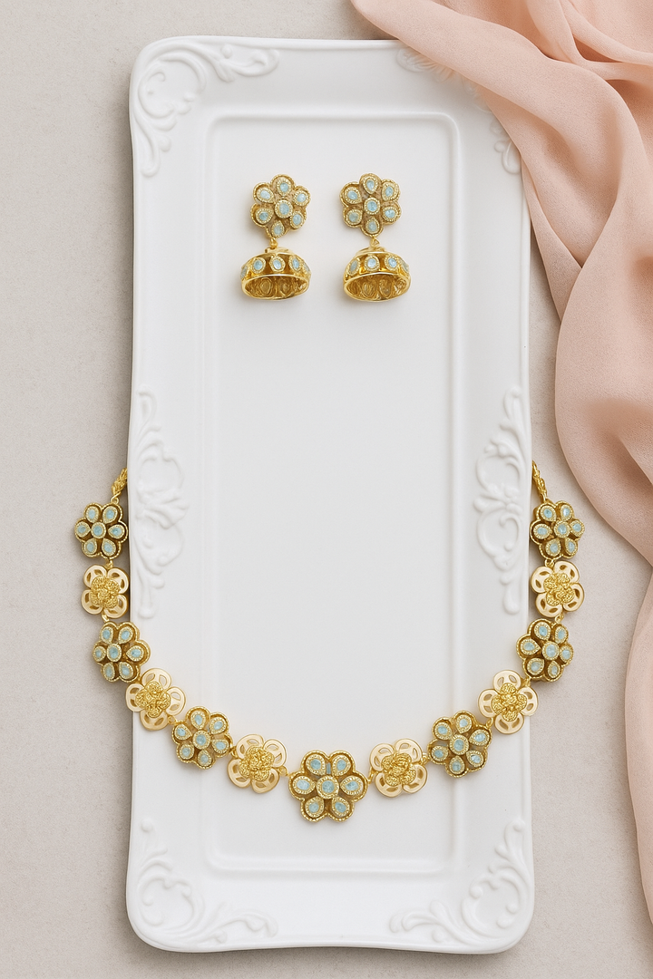 Pastel Mint Enamel Floral Necklace Set with Jhumka Earrings