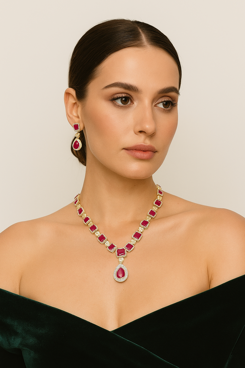 Graceful Ruby Pink Diamond Look Necklace Set