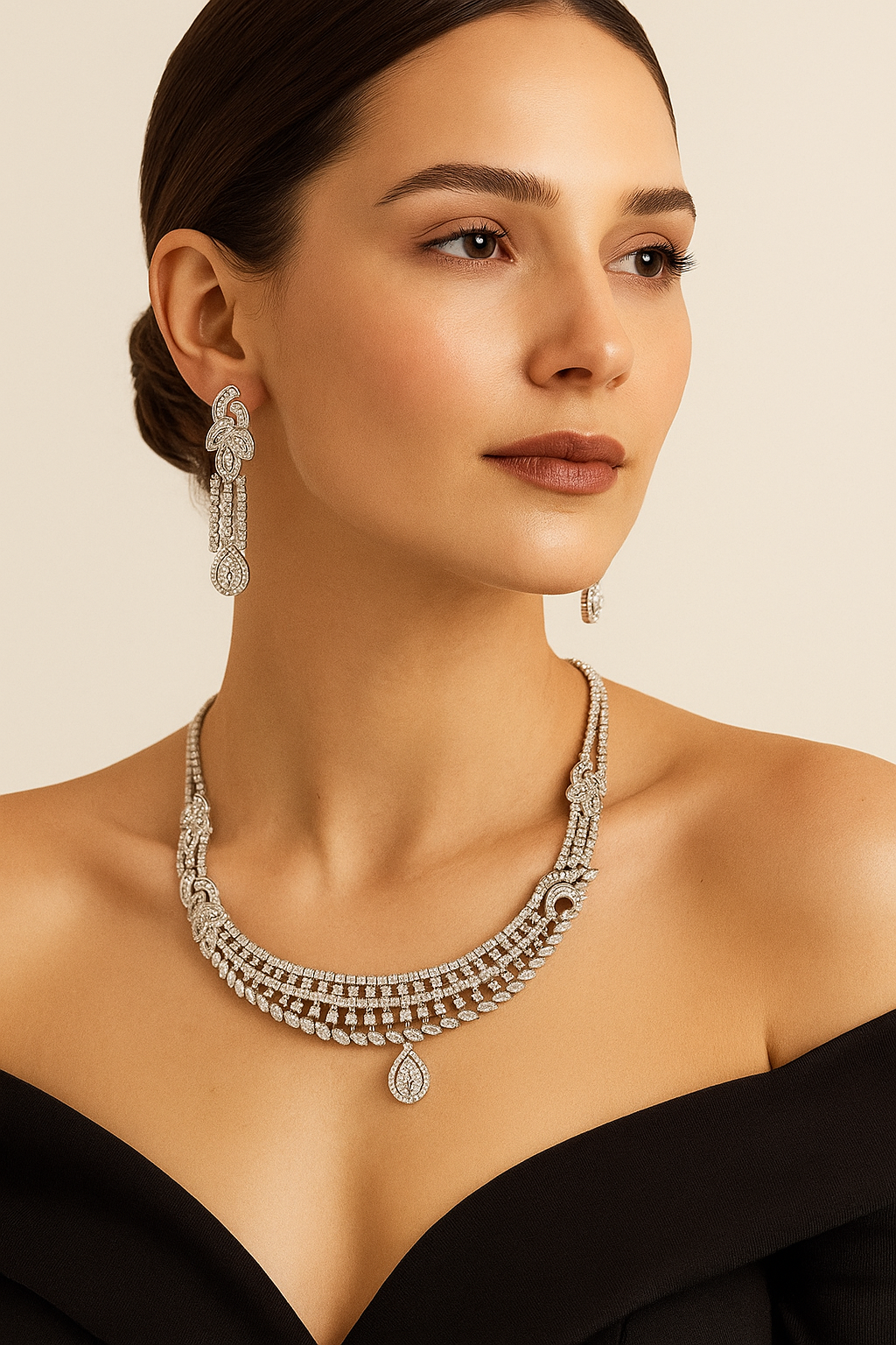 Silver Leaf Diamond Look Choker Set