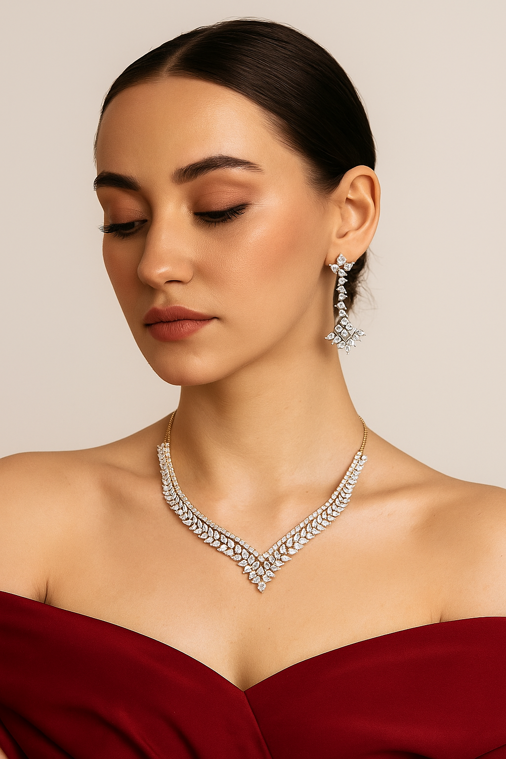 Gold Finish V-Shape Diamond Look Necklace Set