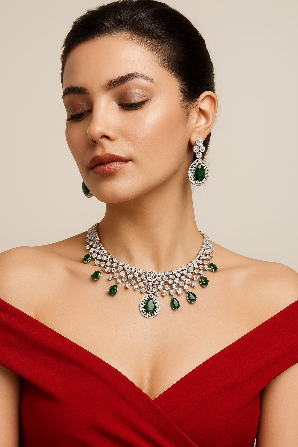 Emerald Drop Diamond Look Necklace Set