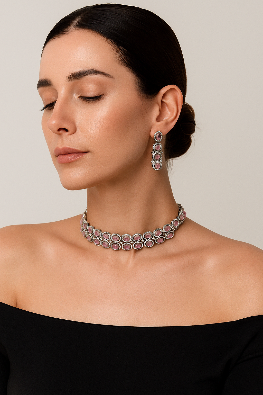 Pink Oval Diamond Look Choker Set