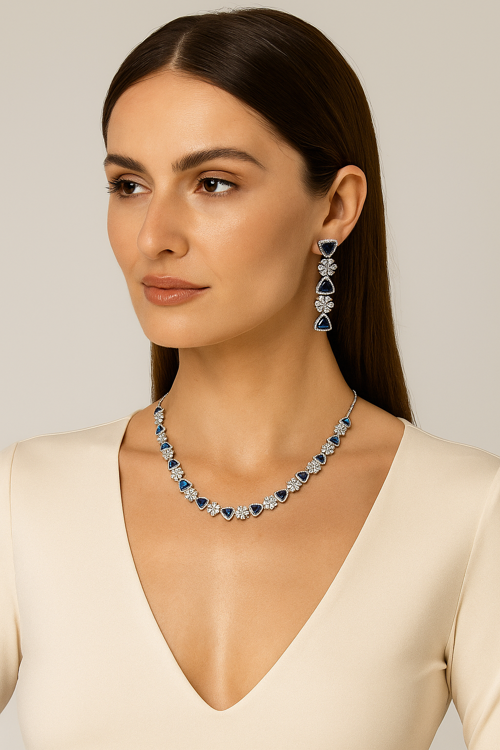 Royal Sapphire Diamond Look Necklace Set