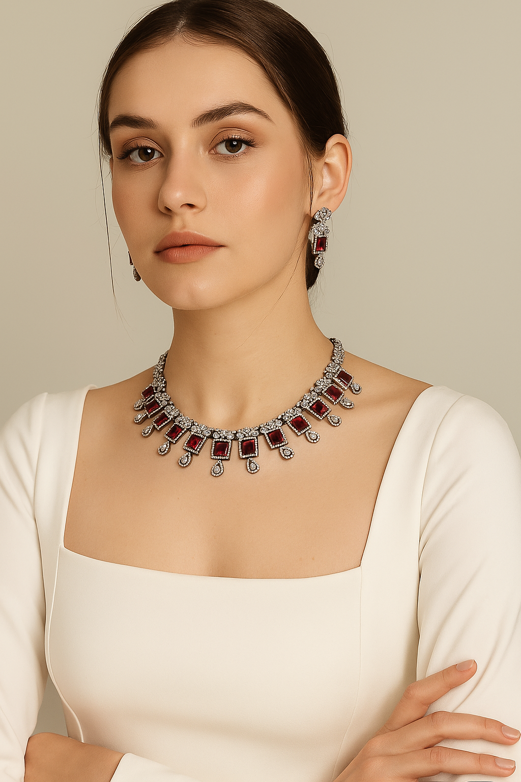 Crimson Royale Diamond Look Necklace Set