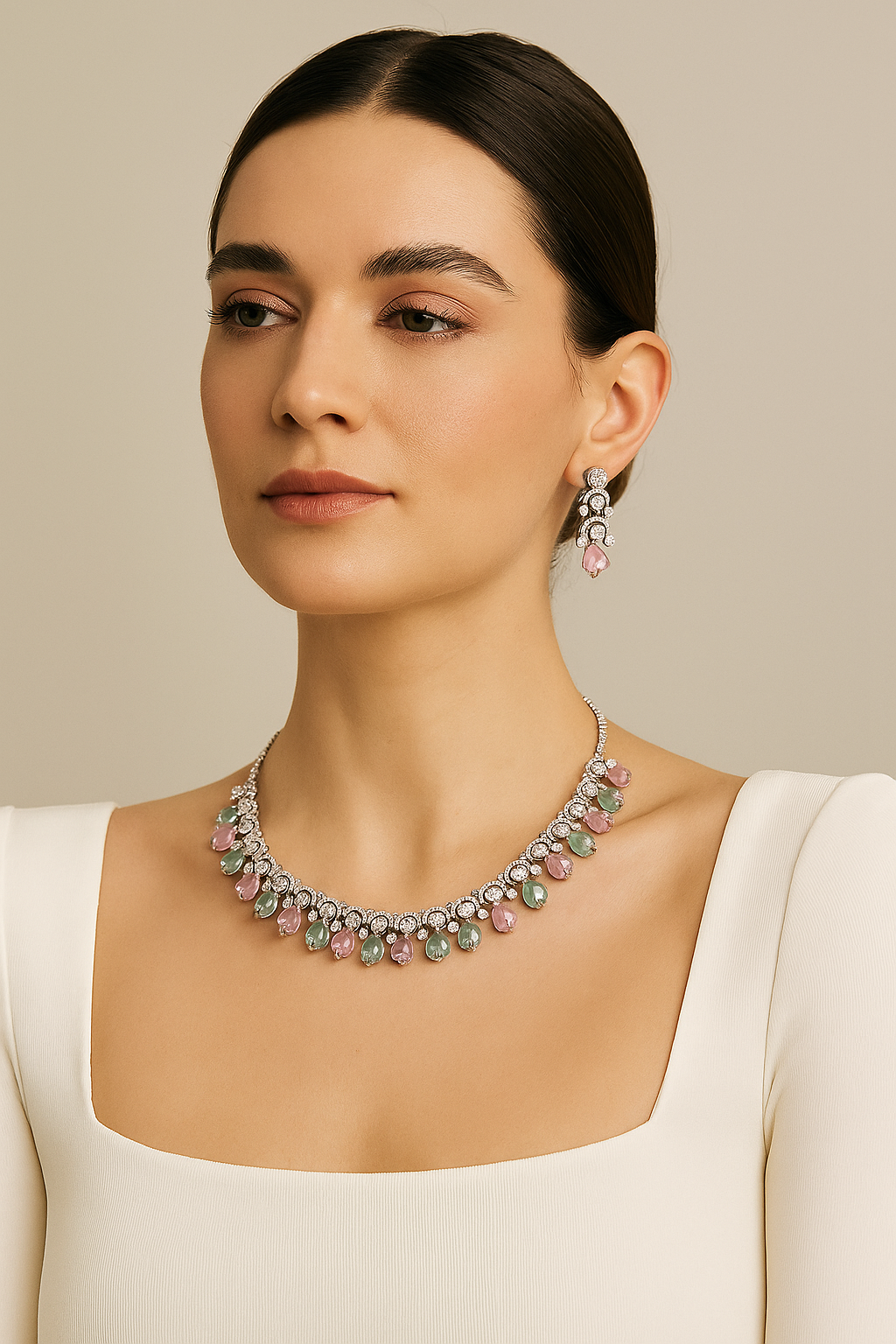 Pastel Grace Dual-Tone Diamond Look Necklace Set