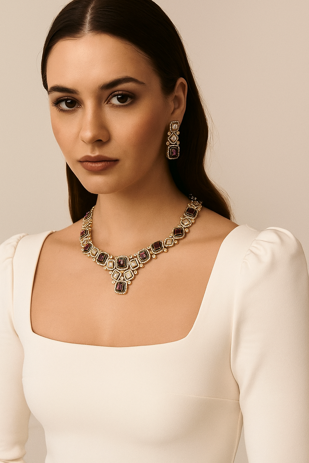 Regal Ruby Square Diamond Look Necklace Set