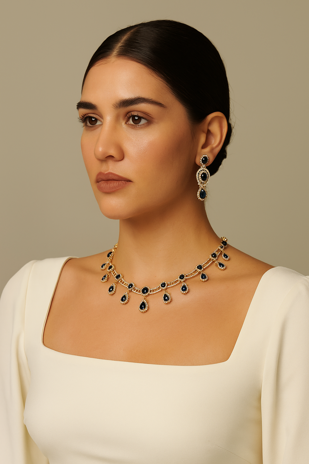 Royal Sapphire Diamond Look Necklace Set