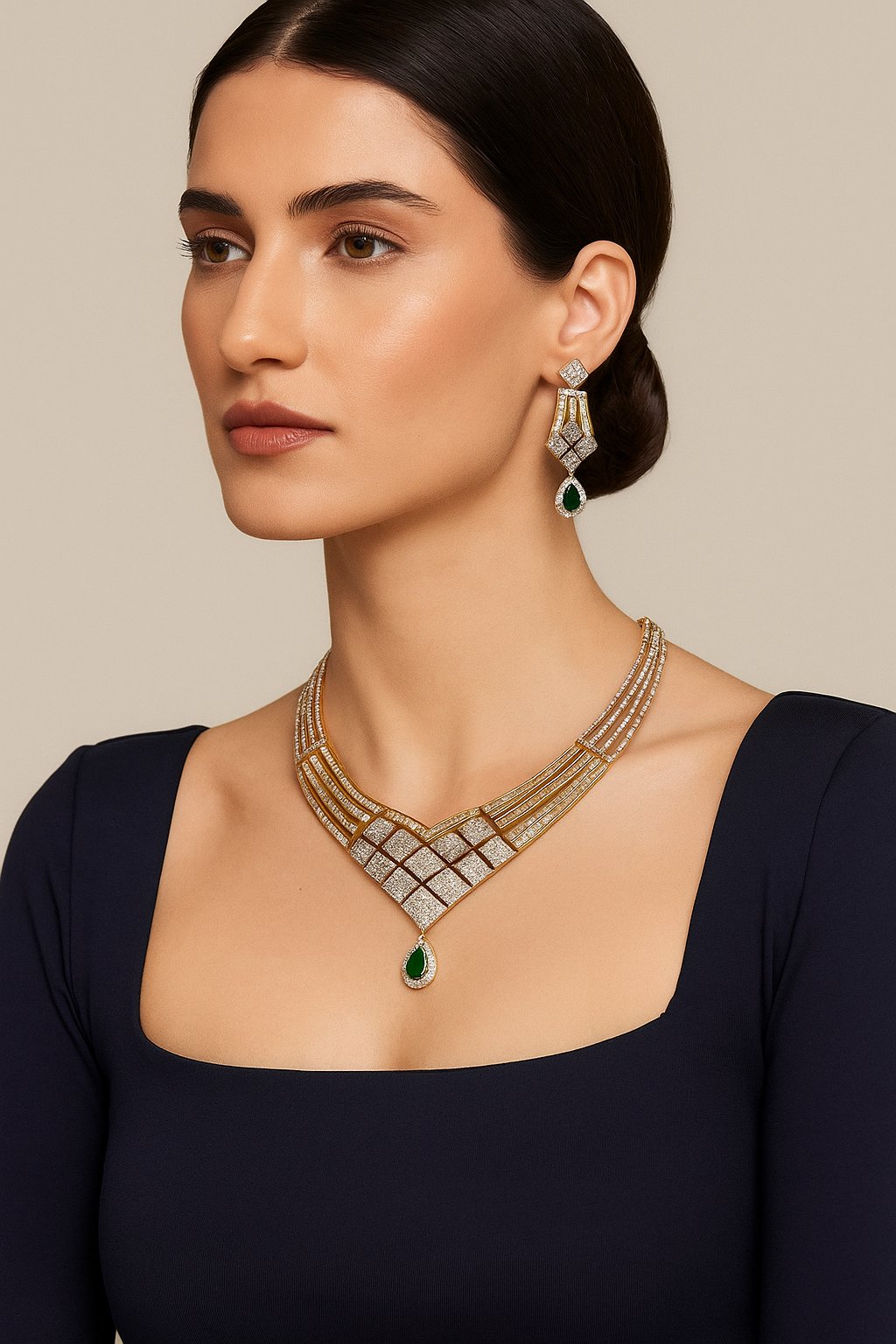 Emerald Drop Diamond Look Necklace Set