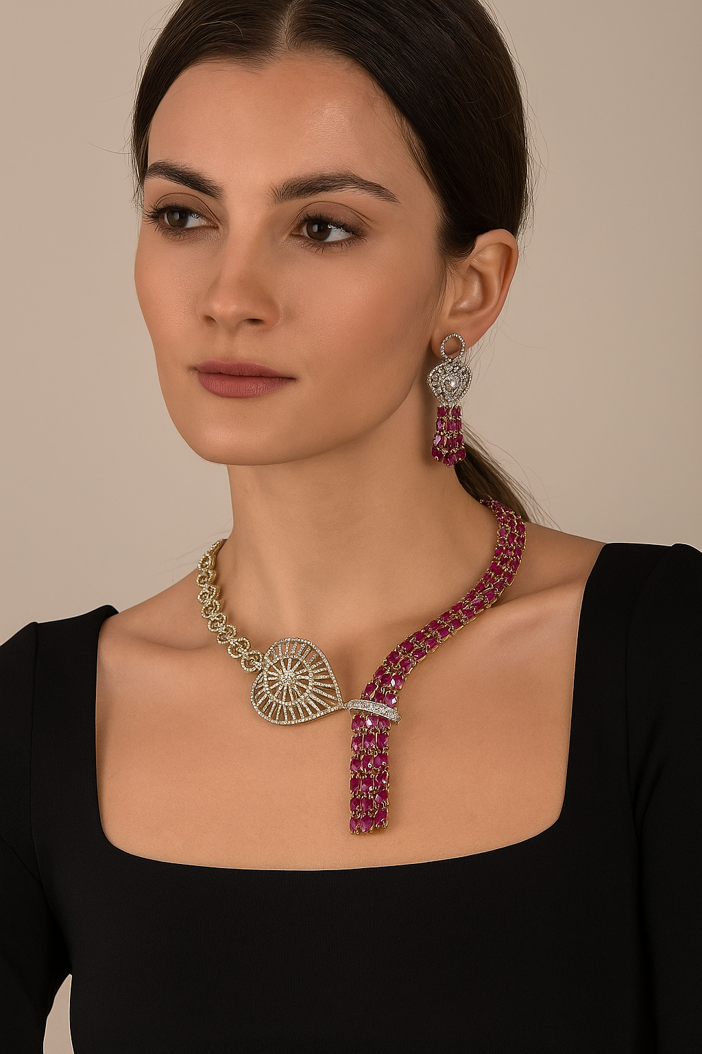 Ruby Heart Diamond Look Necklace Set