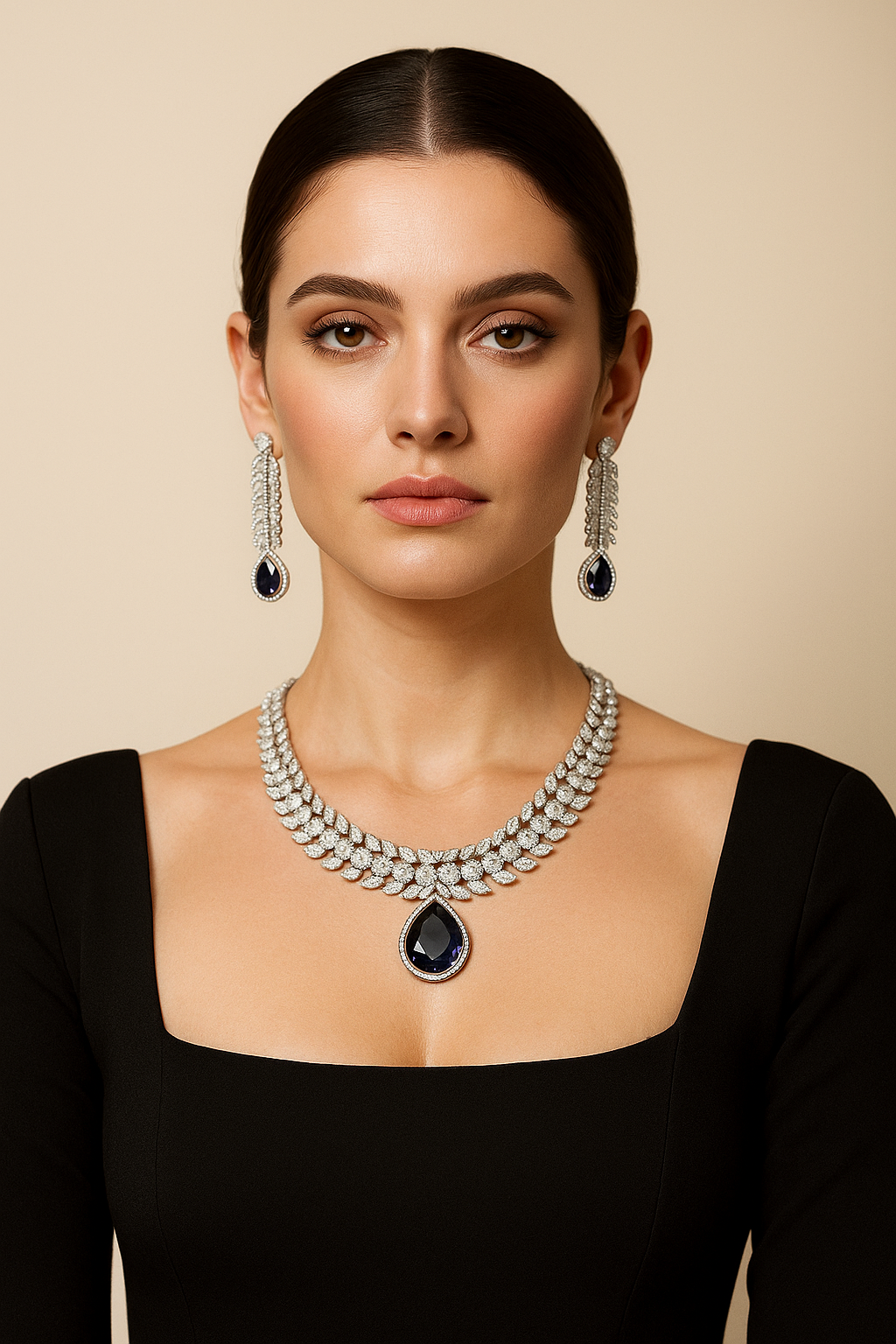 Navy Blue Drop Diamond Look Necklace Set