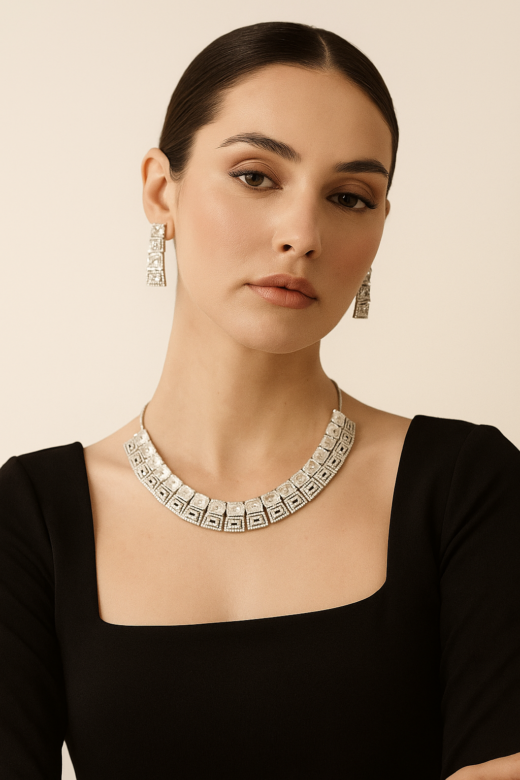Square Cut Diamond Look Necklace Set