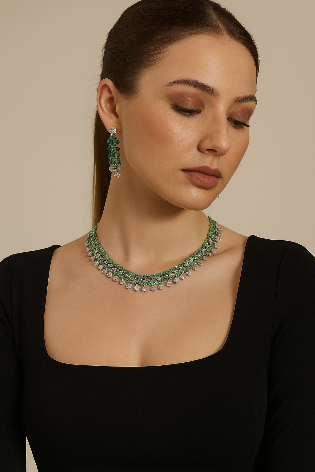 Emerald Blossom Diamond Look Necklace Set