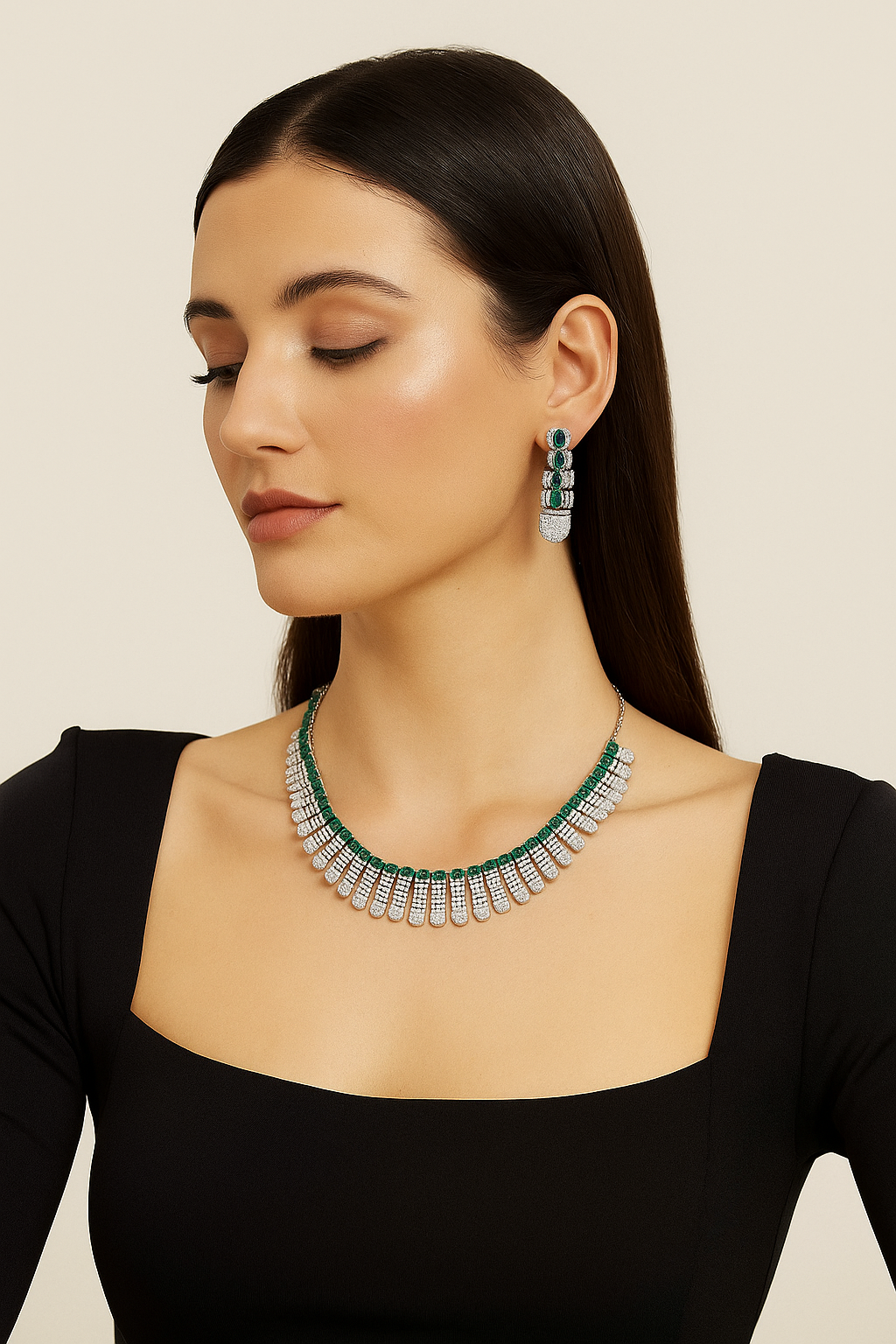 Emerald Elegance Diamond Look Necklace Set
