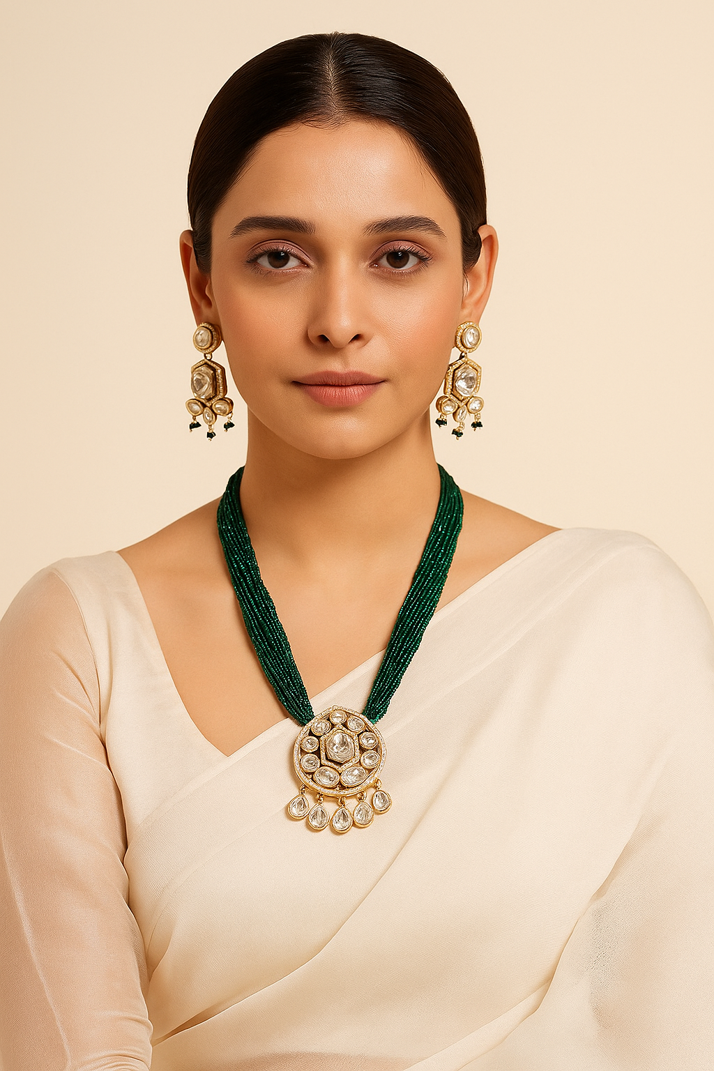 Emerald Strings Kundan Pendant Necklace Set