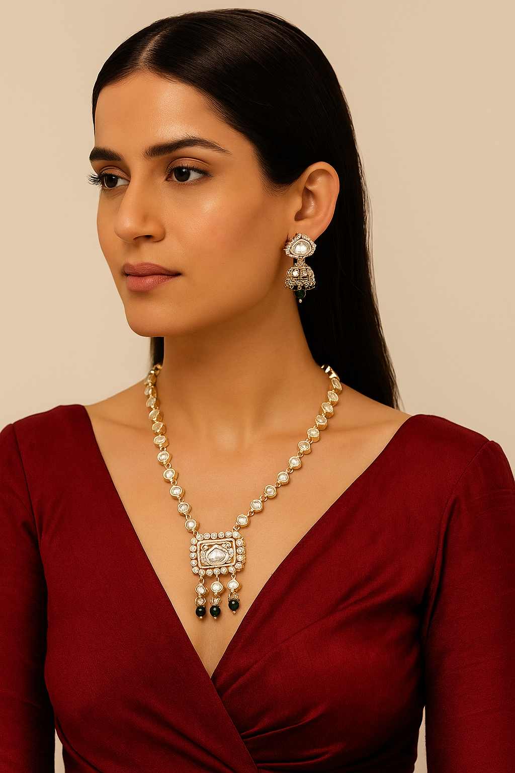 Royal Square Kundan Necklace with Jhumka Earrings
