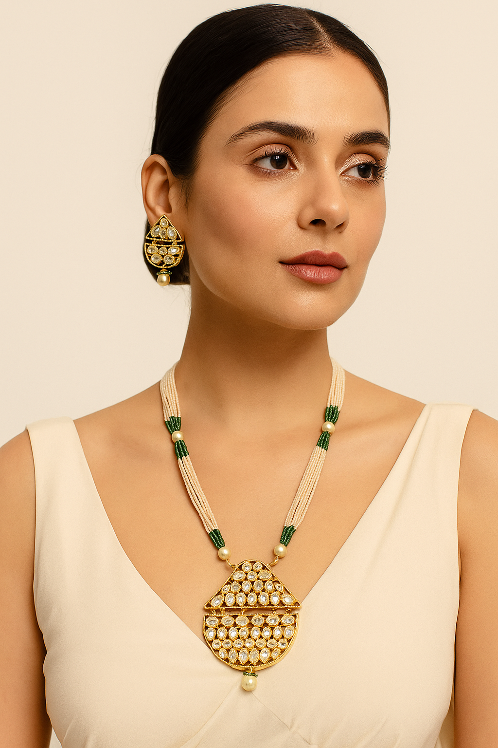 Classic Kundan Pendant Necklace with Pearl Beads