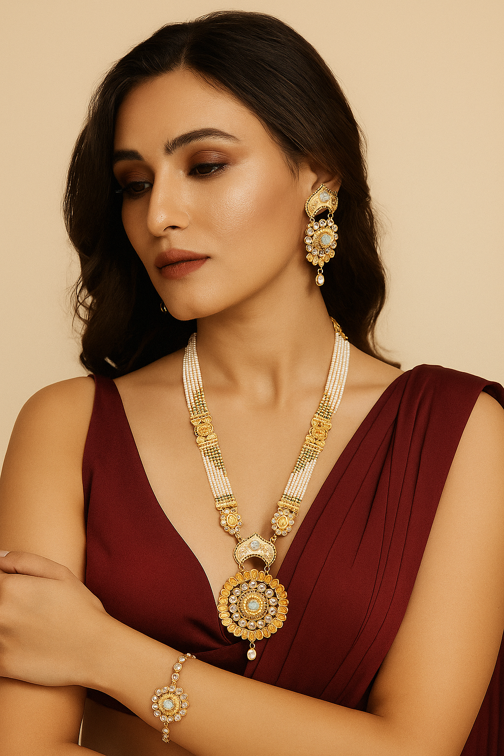 Antique Gold Kundan Necklace with Green Stone and Pearls