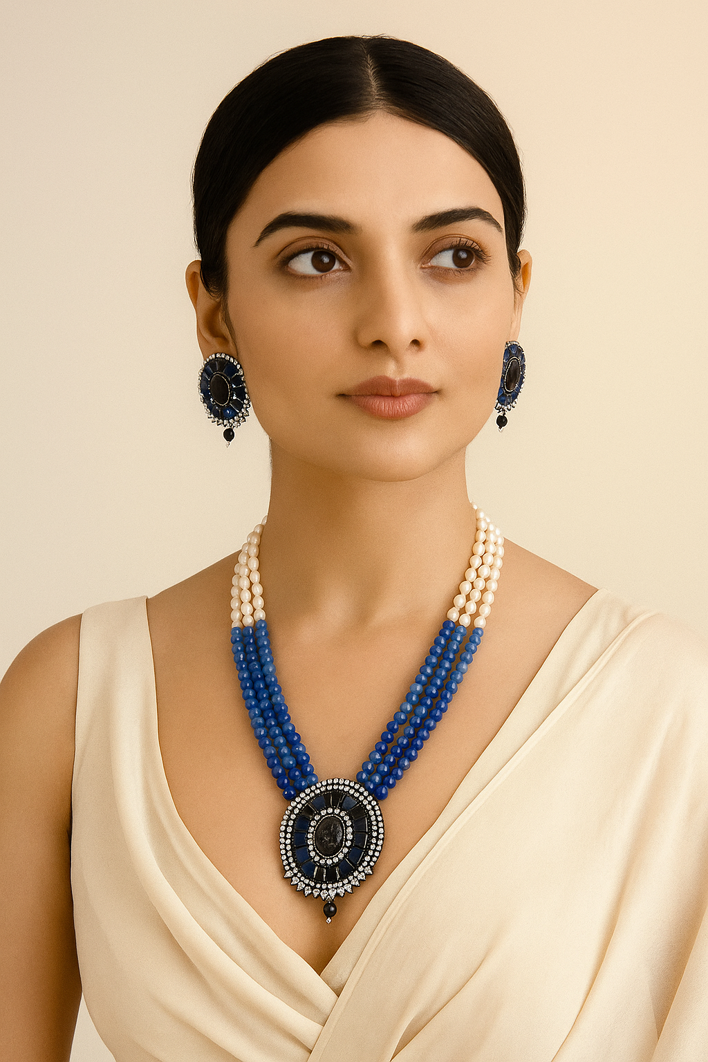 Royal Blue Carved Stone Beaded Necklace Set