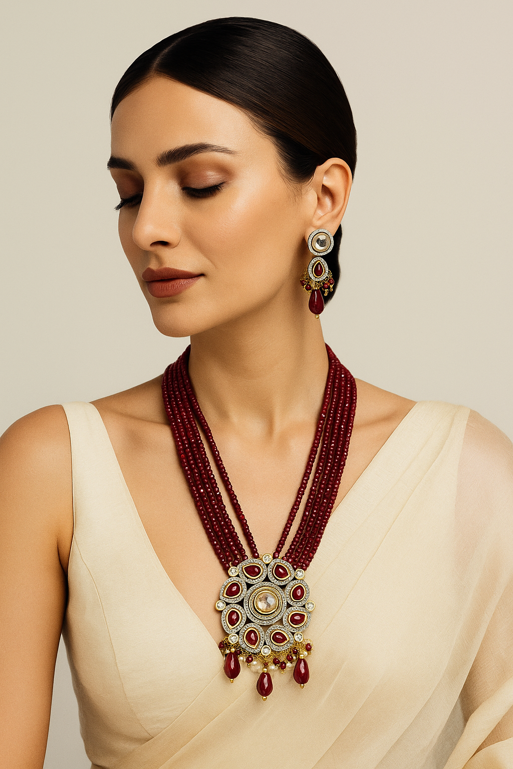 Maroon Kundan Circle Pendant Necklace Set