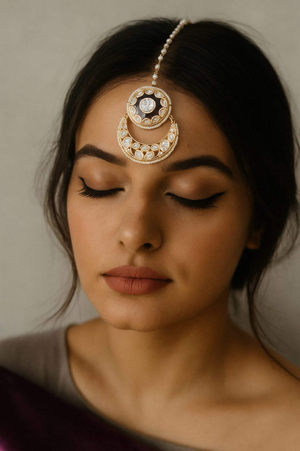 Royal Maroon Crescent Kundan Maang Tikka