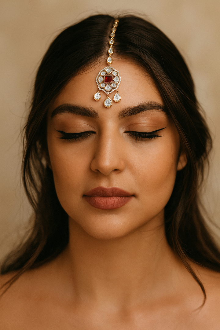 Royal Ruby Red Kundan Maang Tikka with White Stones