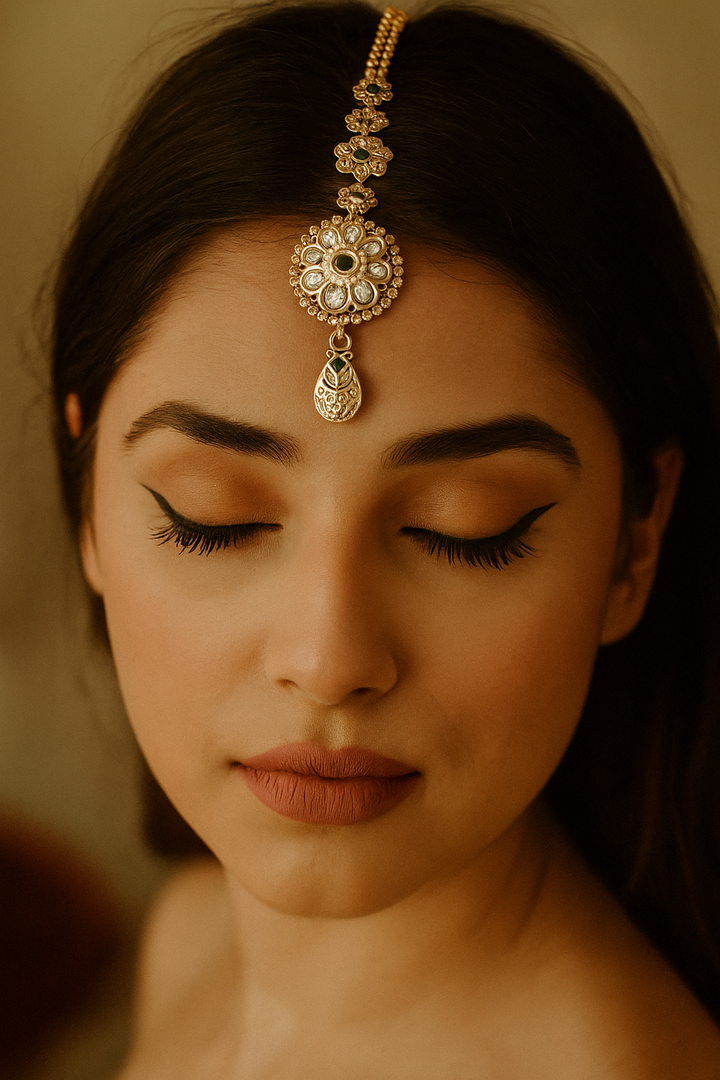 Antique Gold Green Kundan Maang Tikka with Floral Design