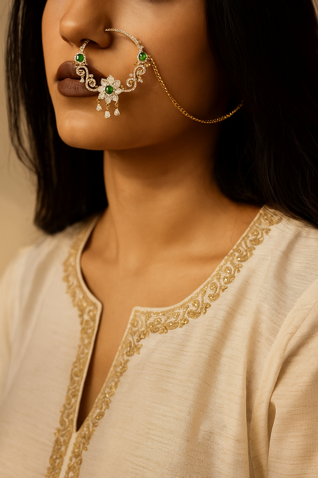 Diamond Look Maang Tikka with Emerald Green Stones and Pearl Drops