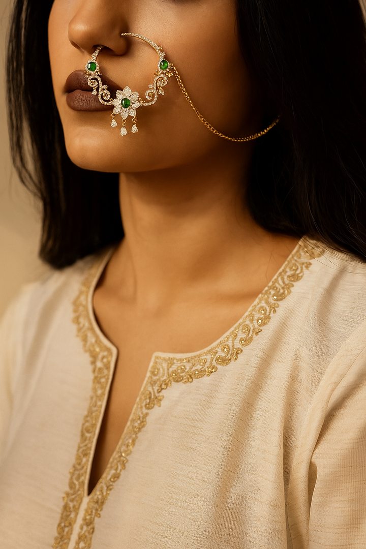 Diamond Look Maang Tikka with Emerald Green Stones and Pearl Drops