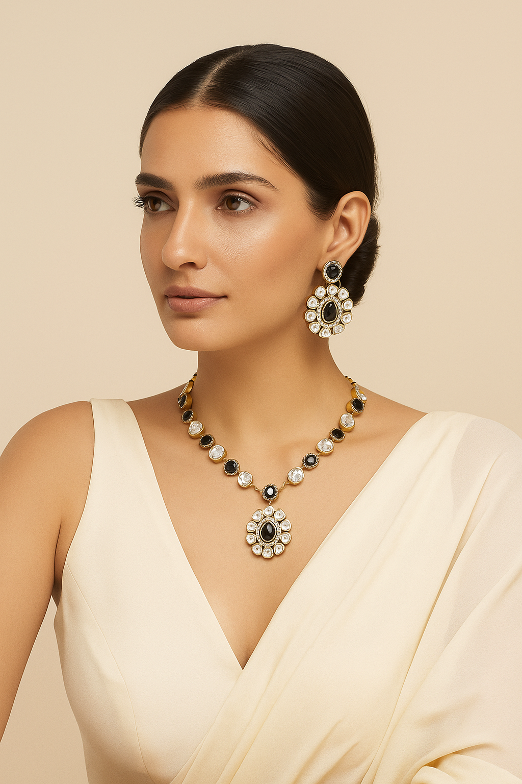 Black Stone Kundan Necklace Set with Earrings – Gold Finish