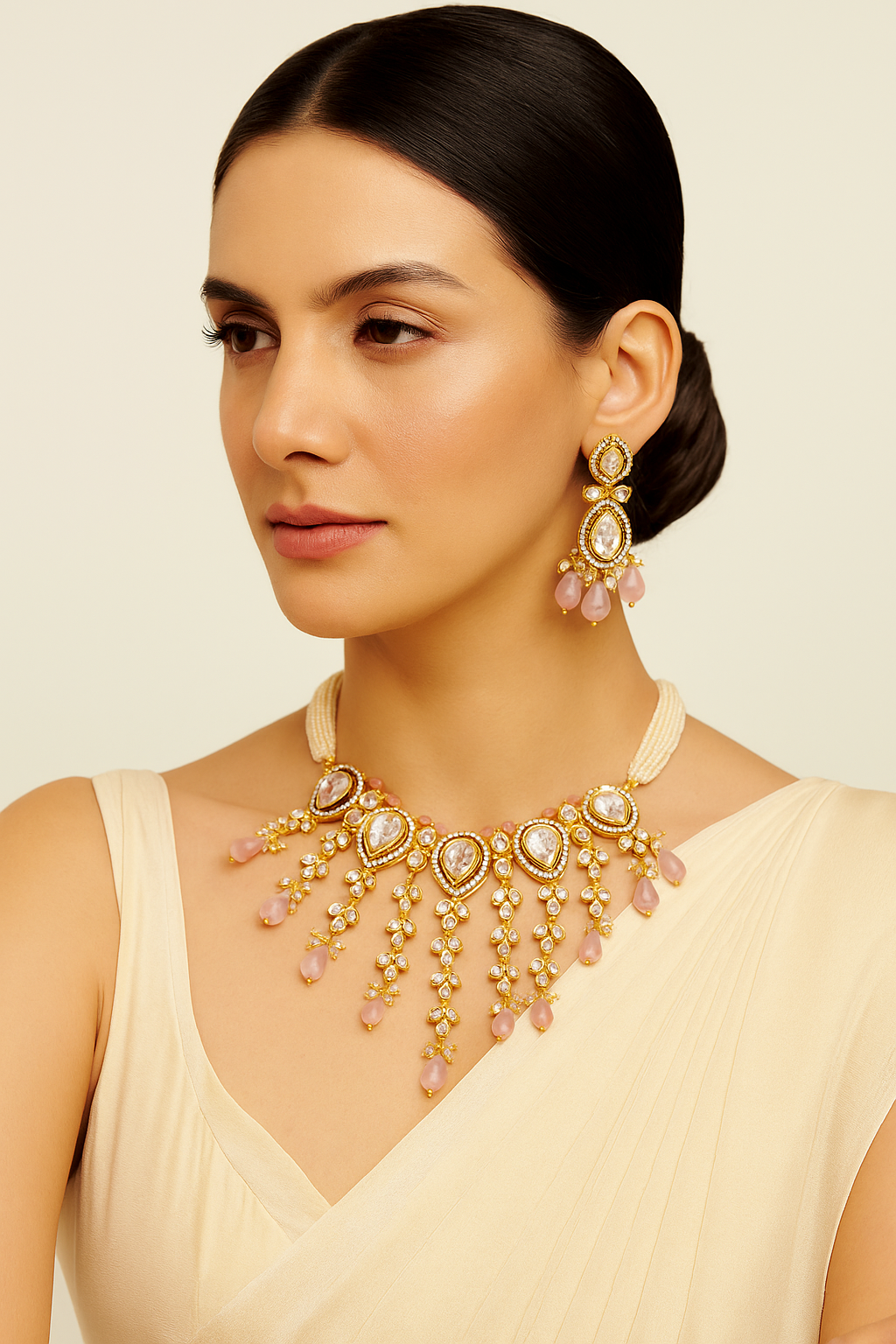 Baby Pink Kundan Necklace Set with Pear Drop Beads – Pearl String Design