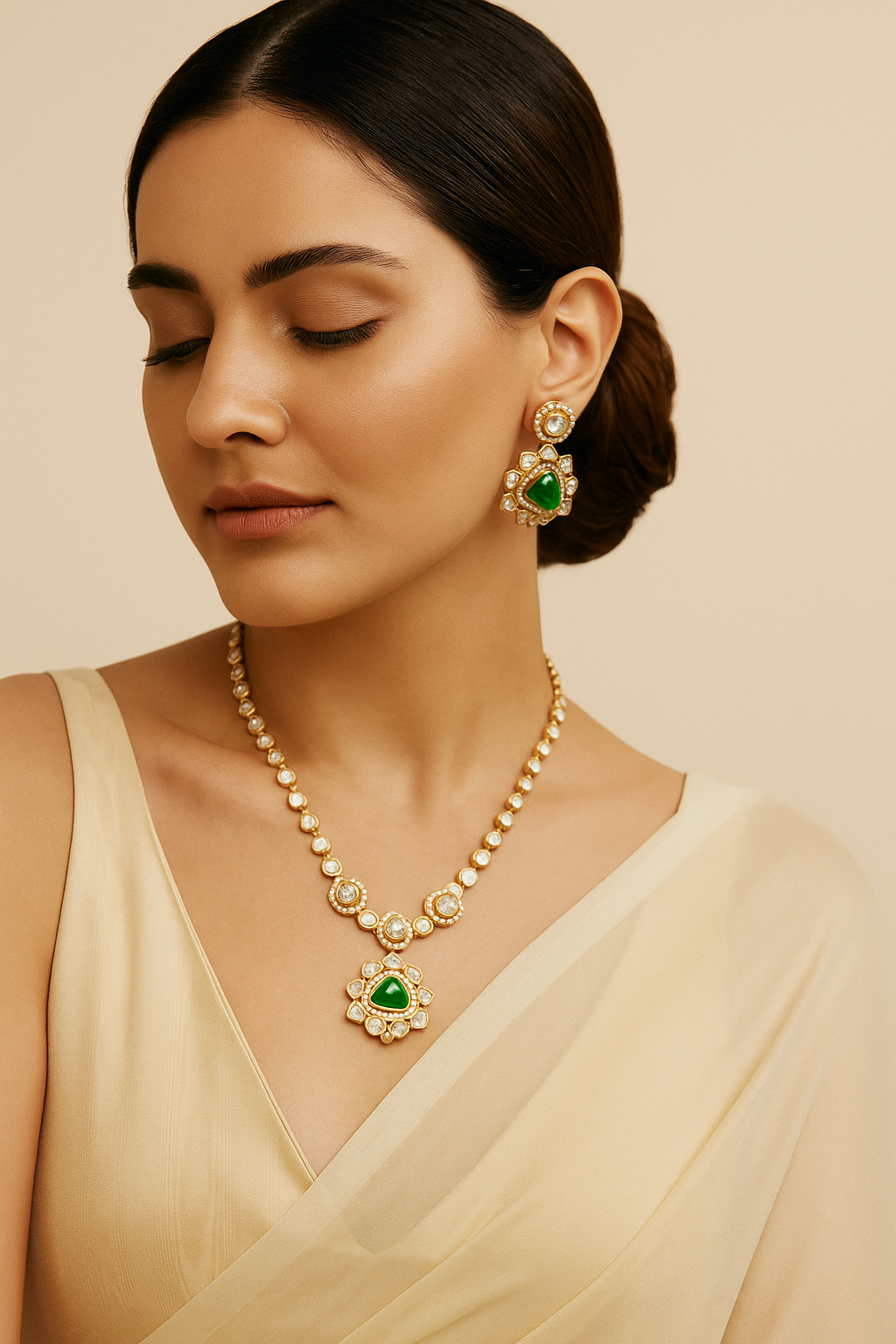 Emerald Green Kundan Necklace Set with Earrings – Gold Plated Finish