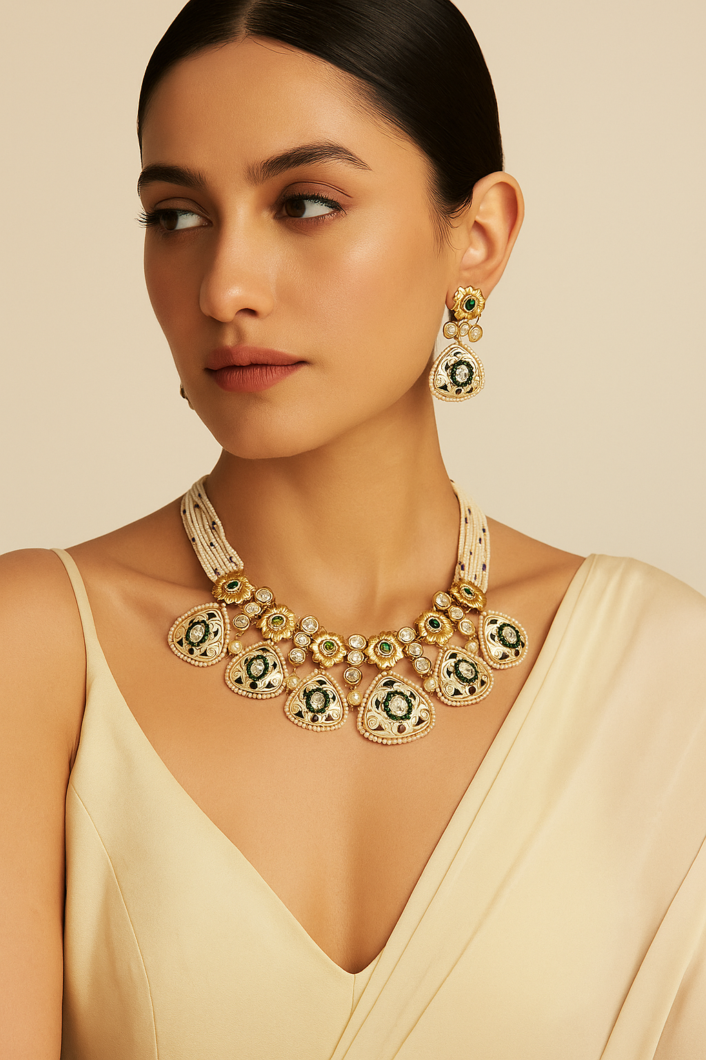 Enamel Work Kundan Necklace Set with Green and White Pearls – Royal Designer Collection