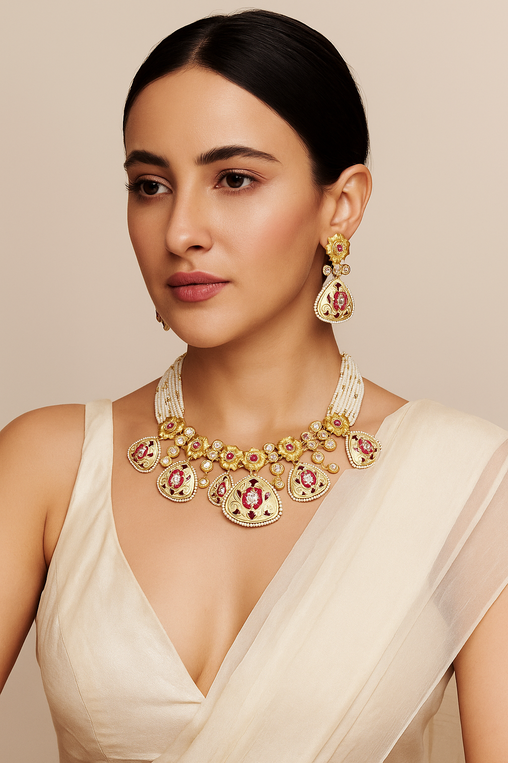 Ruby Red Enamel Kundan Necklace Set with Pearls – Royal Heritage Design