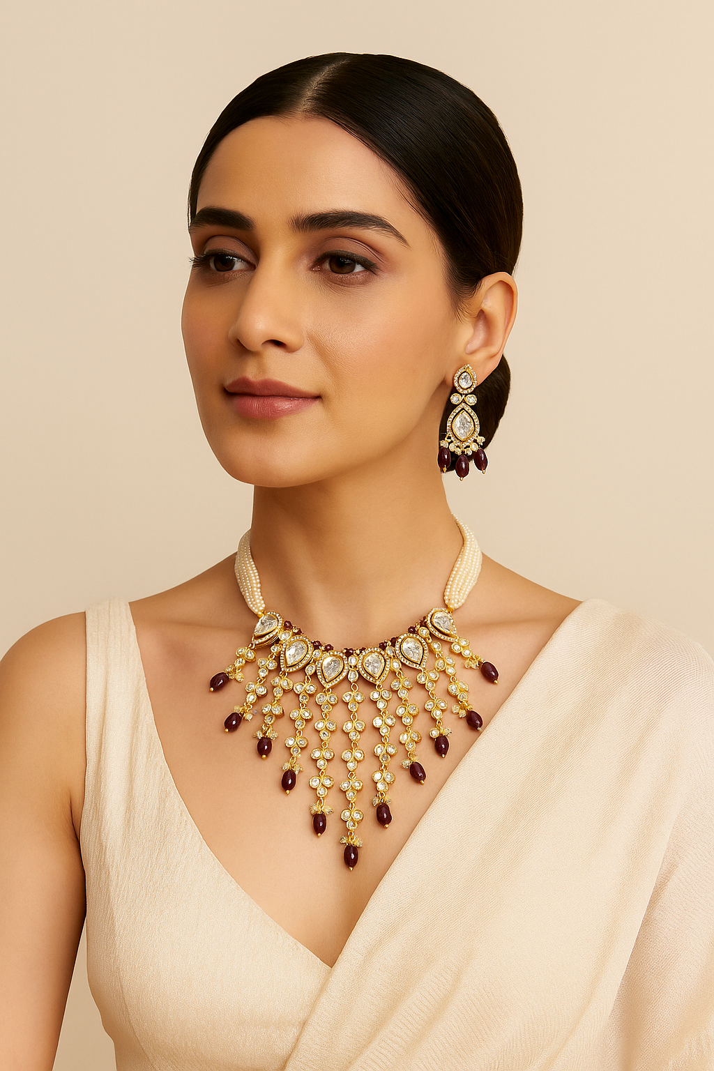 Maroon Beads Kundan Necklace Set with Pearl Strings – Bridal Designer Jewellery