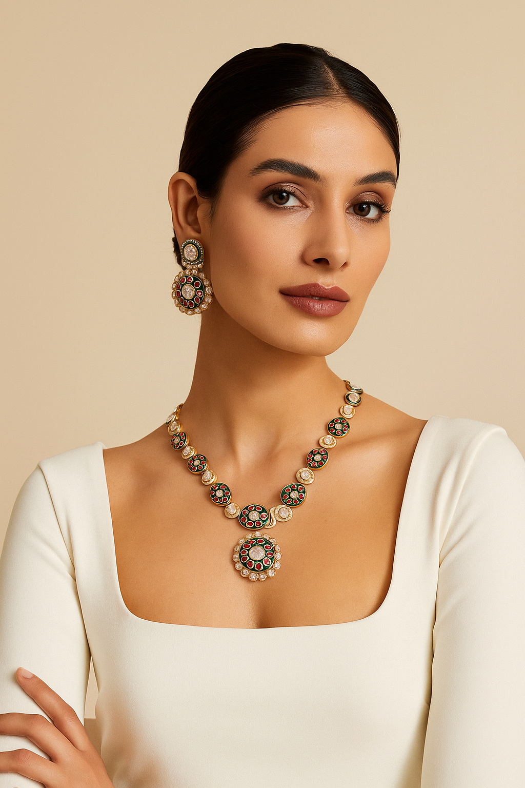 Green & Ruby Enamel Kundan Necklace Set – Royal Polki Bridal Jewellery