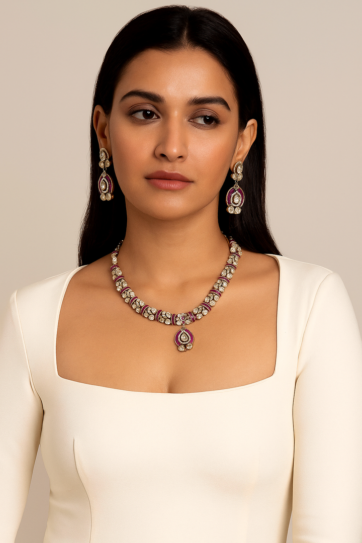 Ruby and Diamond Kundan Necklace Set – Elegant Bridal Jewellery with Gold Finish