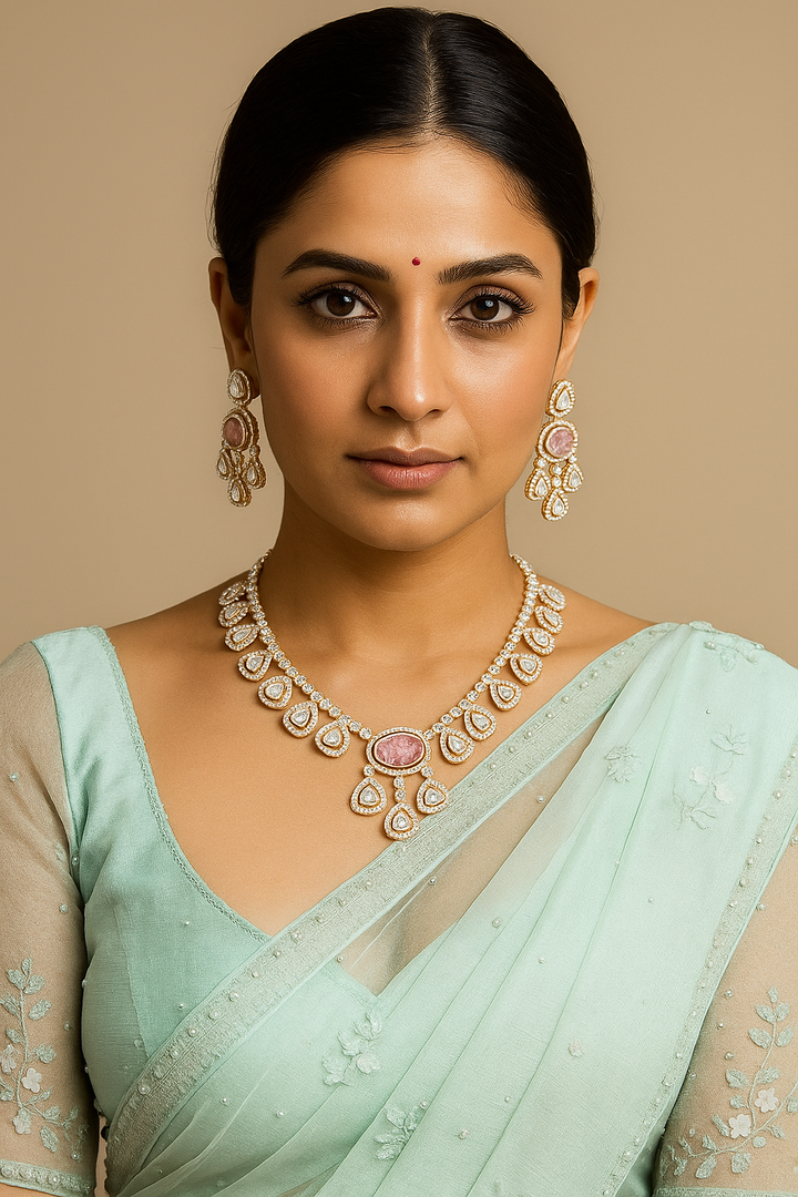 Pink Stone Diamond Look Necklace Set