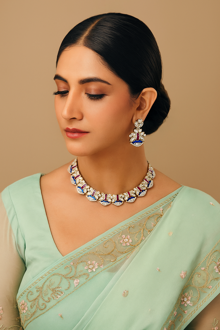Royal Ruby Blue Kundan Necklace Set Premium Polki Design