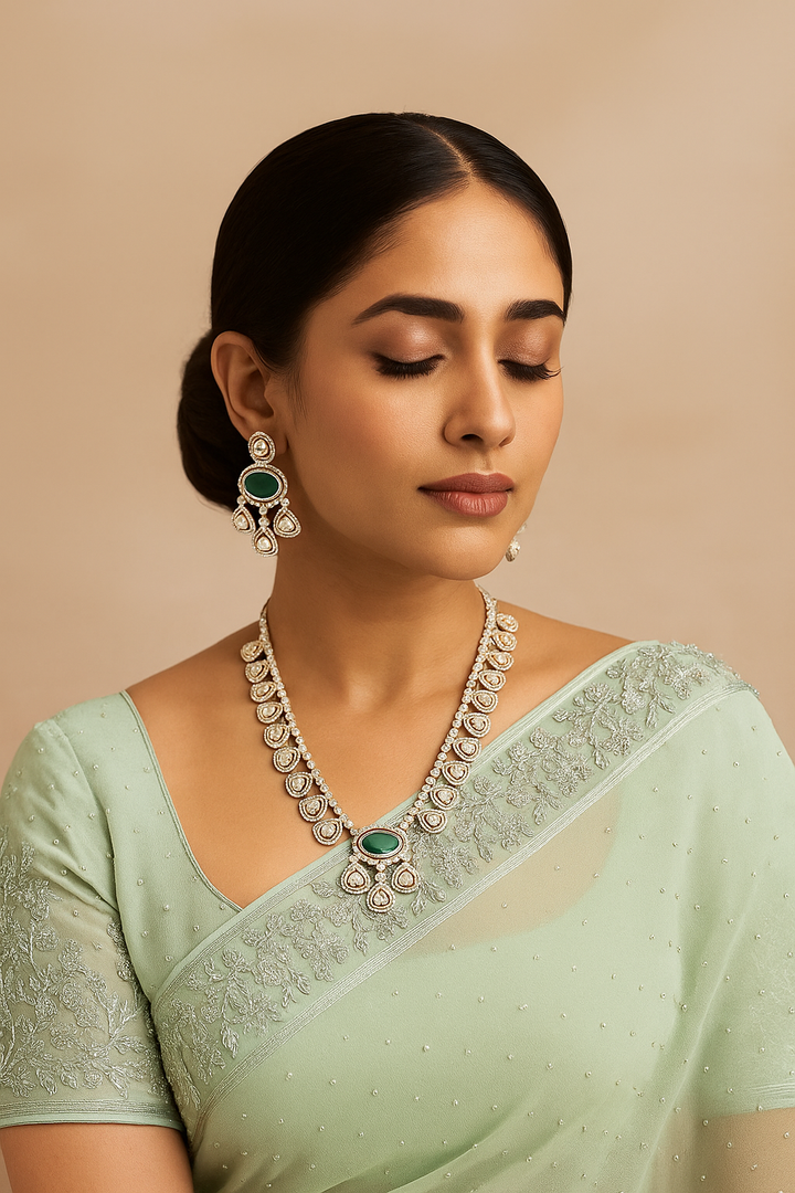 Emerald Elegance Diamond Necklace Set Green Stone Polki Style
