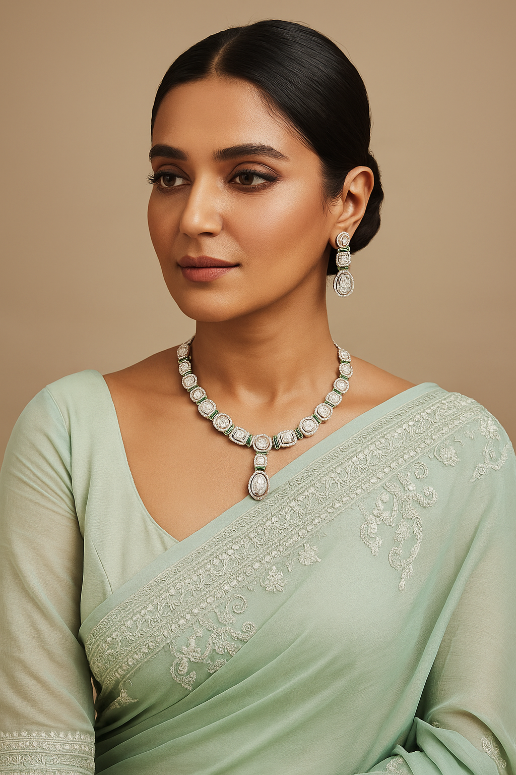 Emerald Majesty Diamond Necklace Set Royal Polki Glamour