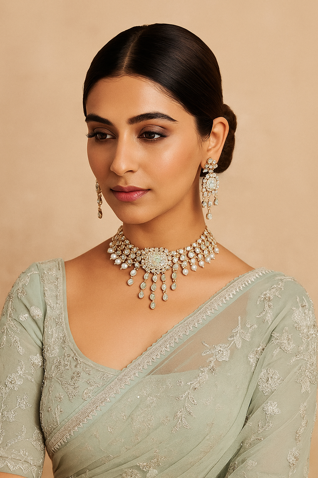 Emerald Stone Kundan Choker Necklace Set with Pearls