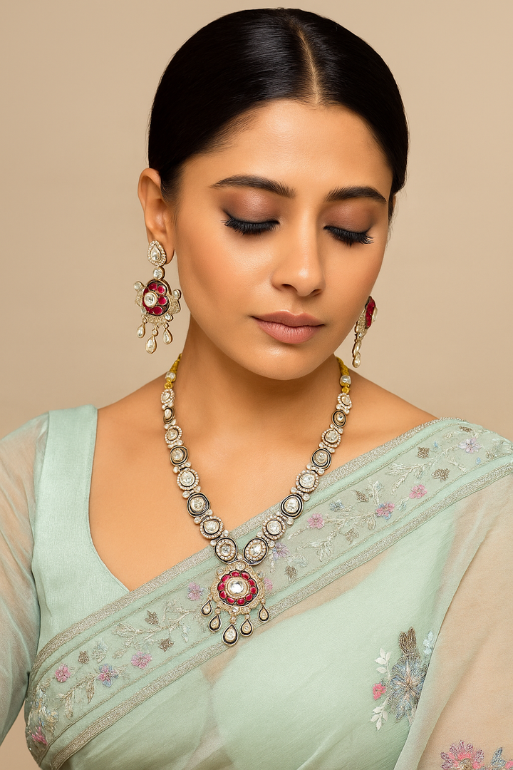 Royal Peacock Kundan Necklace Set with Ruby and Polki Detailing