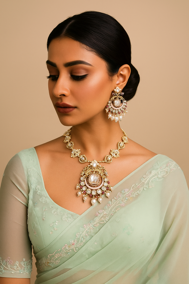 Pastel Pink Polki Pearl Necklace Set