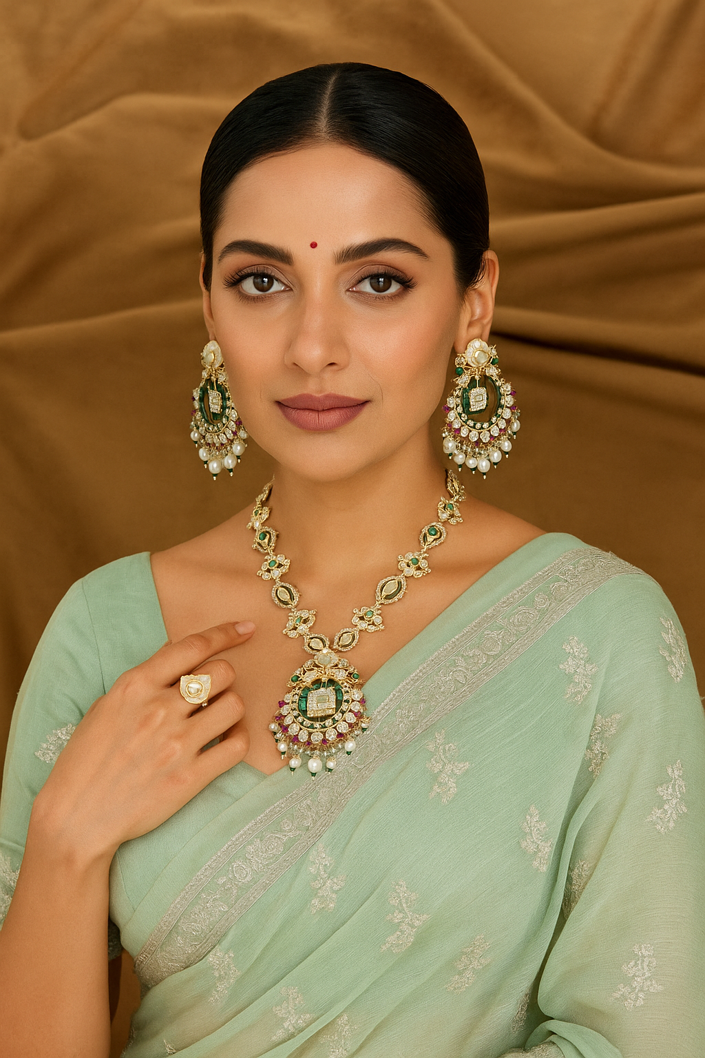 Emerald Polki Pearl Choker Necklace Set