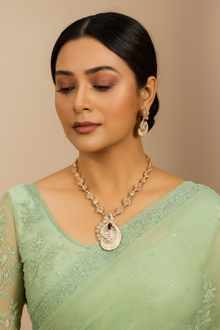 Pastel Pink Meenakari Kundan Necklace Set