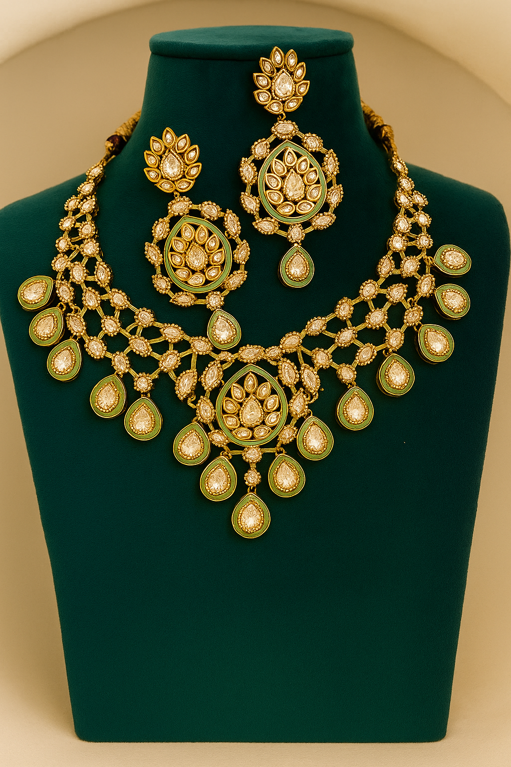Elegant Green Kundan Bridal Necklace Set with Pear Shaped Stones